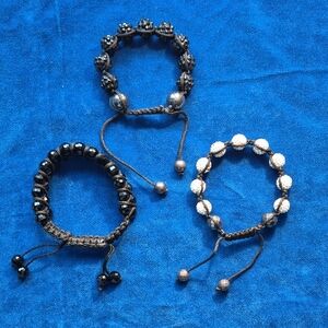 Beaded Macramé Bracelet Trio. Some missing stine on the silver one.
